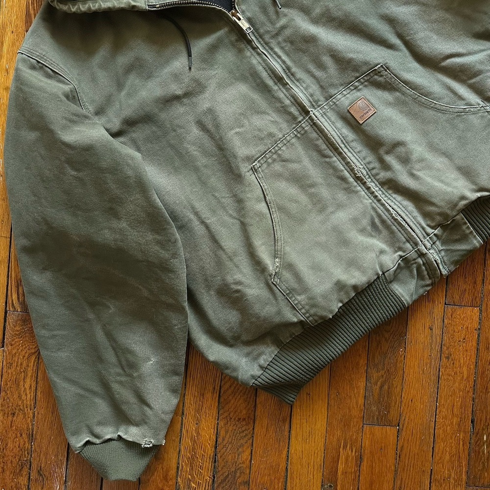 Vtg Y2K Carhartt J130 ARG Duck Canvas Hooded Chore Jacket Lined Men 3XL Green - Picture 3 of 16